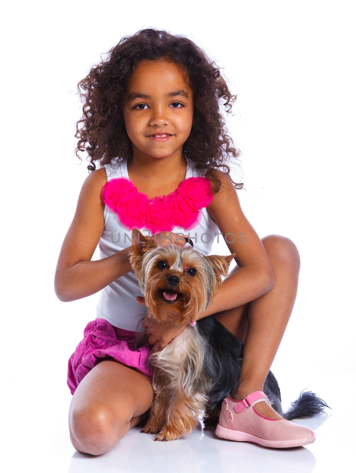 Cute little girl sitting with his puppy Yorkshire terrier smiling at camera on white background