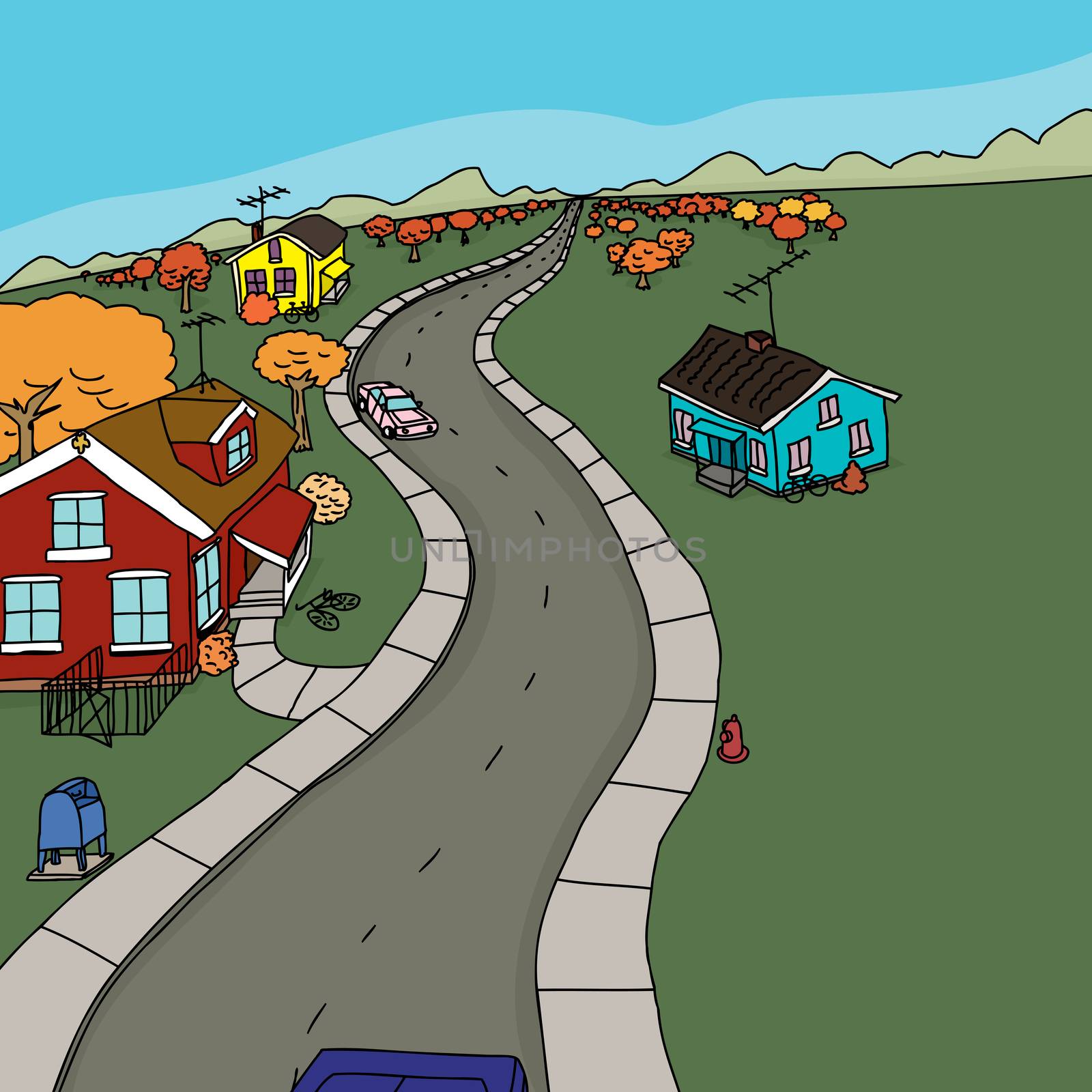 Cartoon autumn scene of cars on road near yellow house