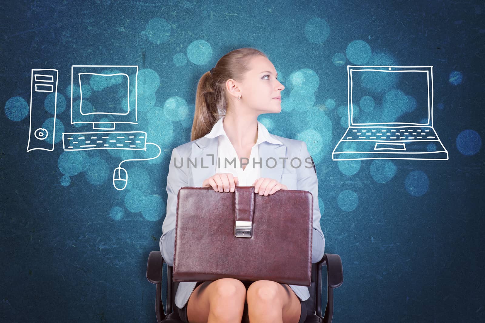 Young Businesswoman Sitting in Office Chair with Briefcase on Lap Looking to the Side at Illustration of Laptop Computer with Desk Top Computer on Other Side, in Decision Making Concept Image