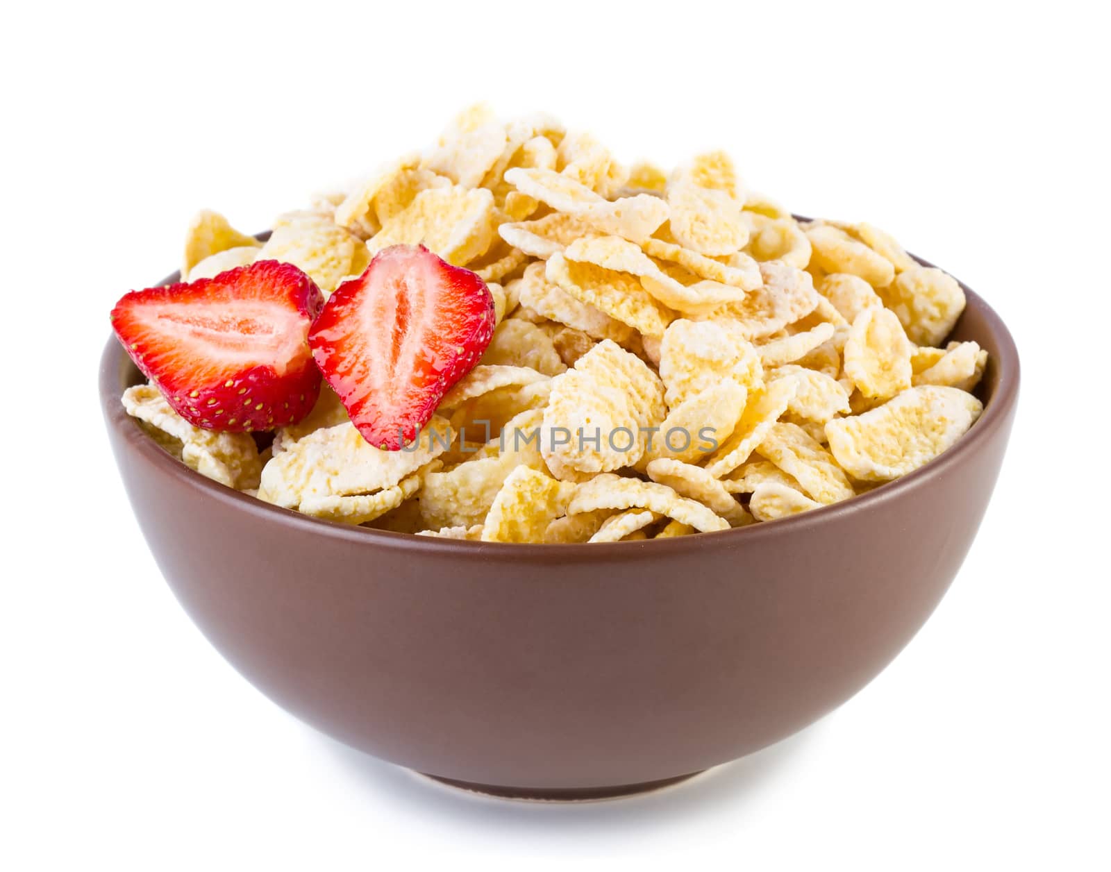 Corneflakes with strawberries on bowl isolated on white background
