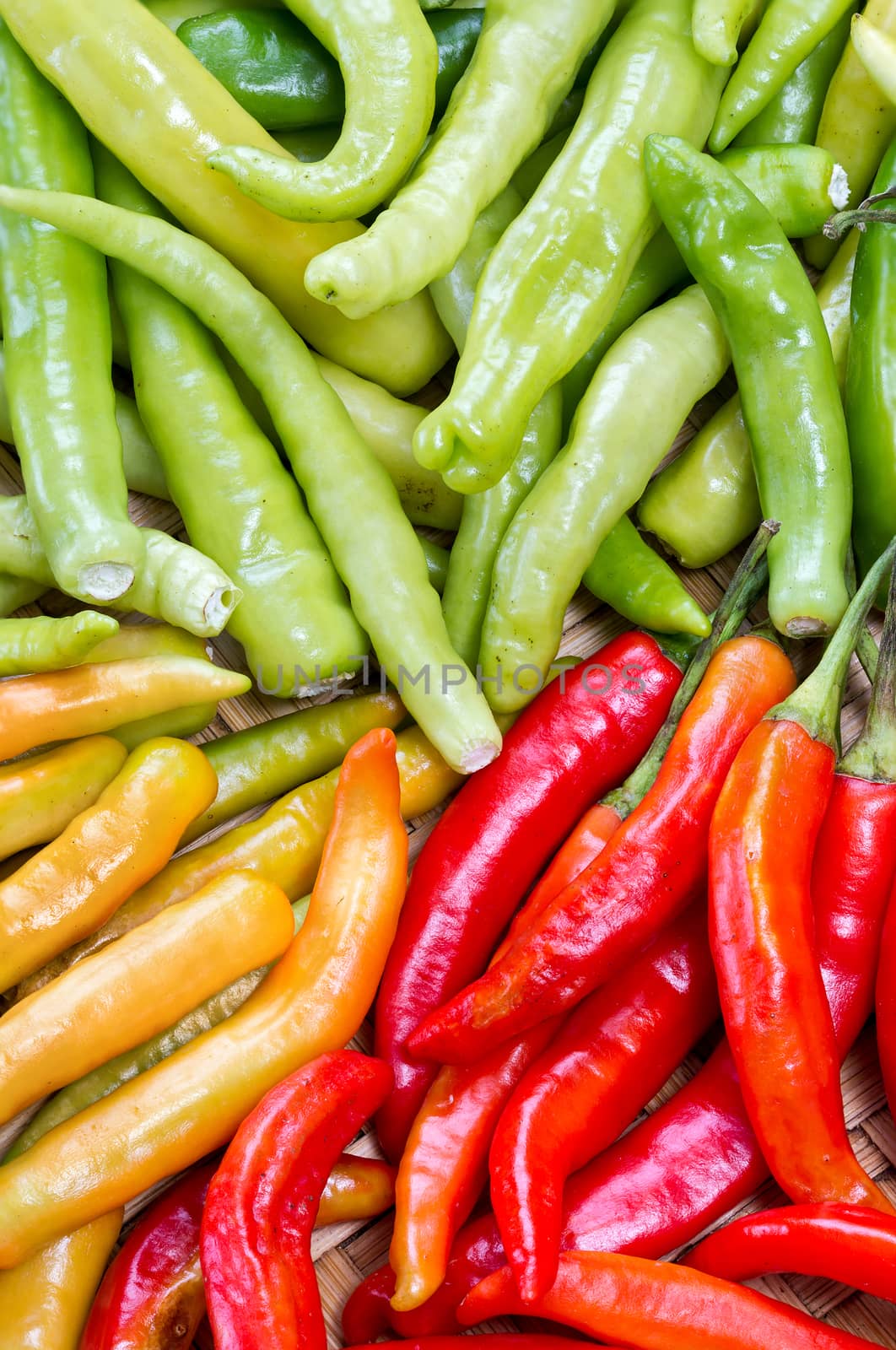 pile of green red and yellow thai goat pepper