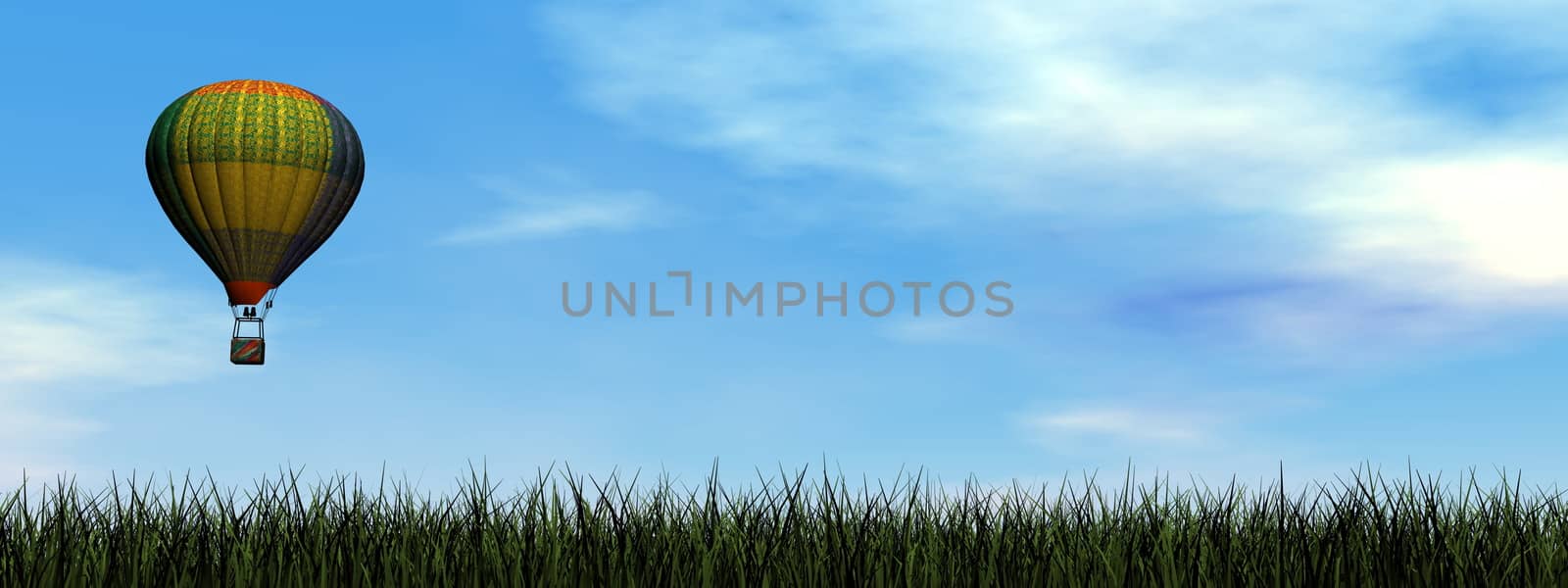 Colorful hot air balloon flying upon green grass by cloudy day - 3D render