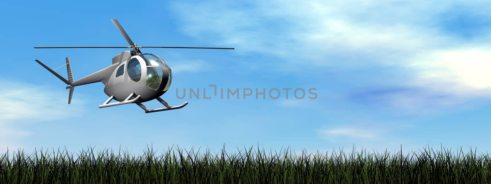 Helicopter landing on the grassby day - 3D render