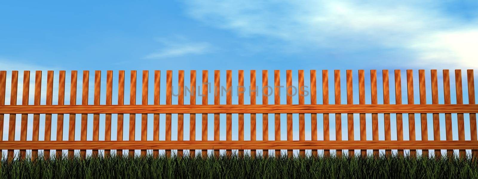 Wooden fence upon green grass - 3D render