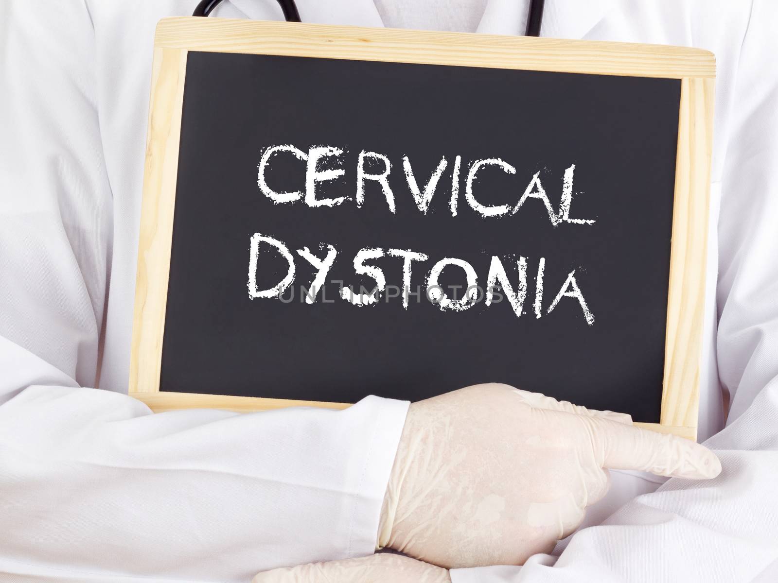 Doctor shows information on blackboard: Cervical dystonia by gwolters