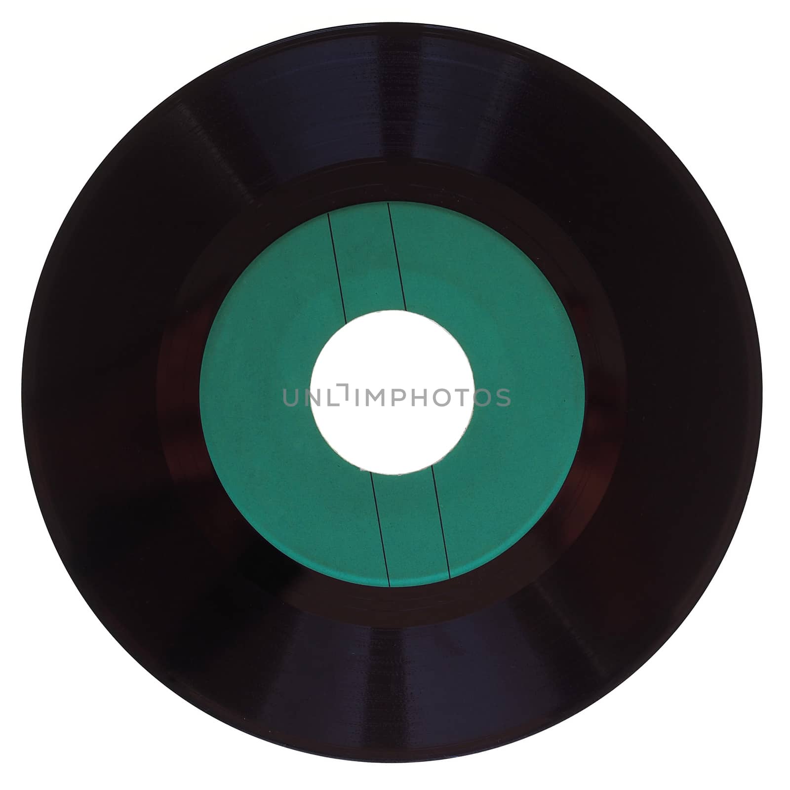 Vinyl record vintage analog music recording medium, 45rpm single with green label isolated over white