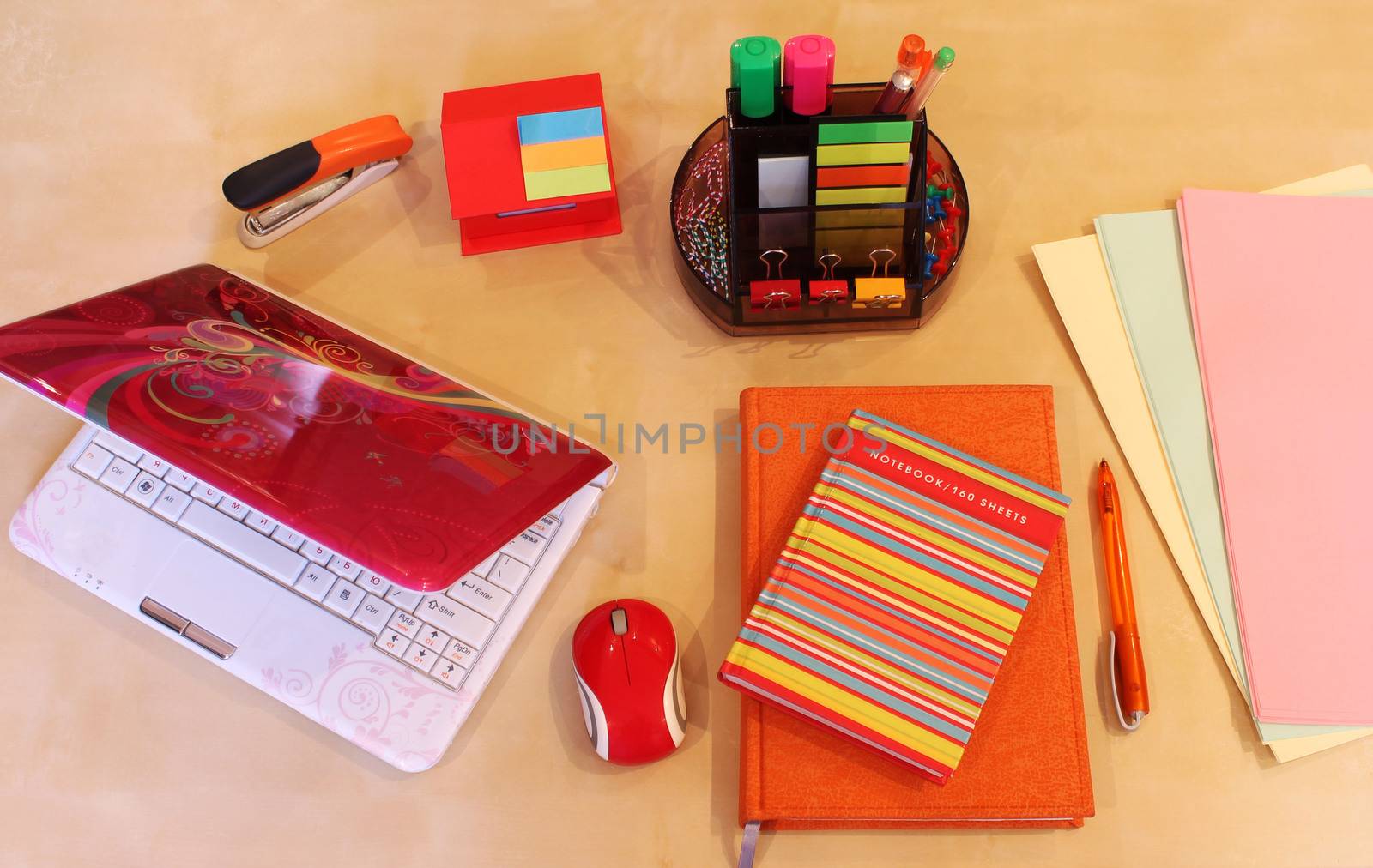 Computer painted on the cover, orange daily planner and colorful stationery