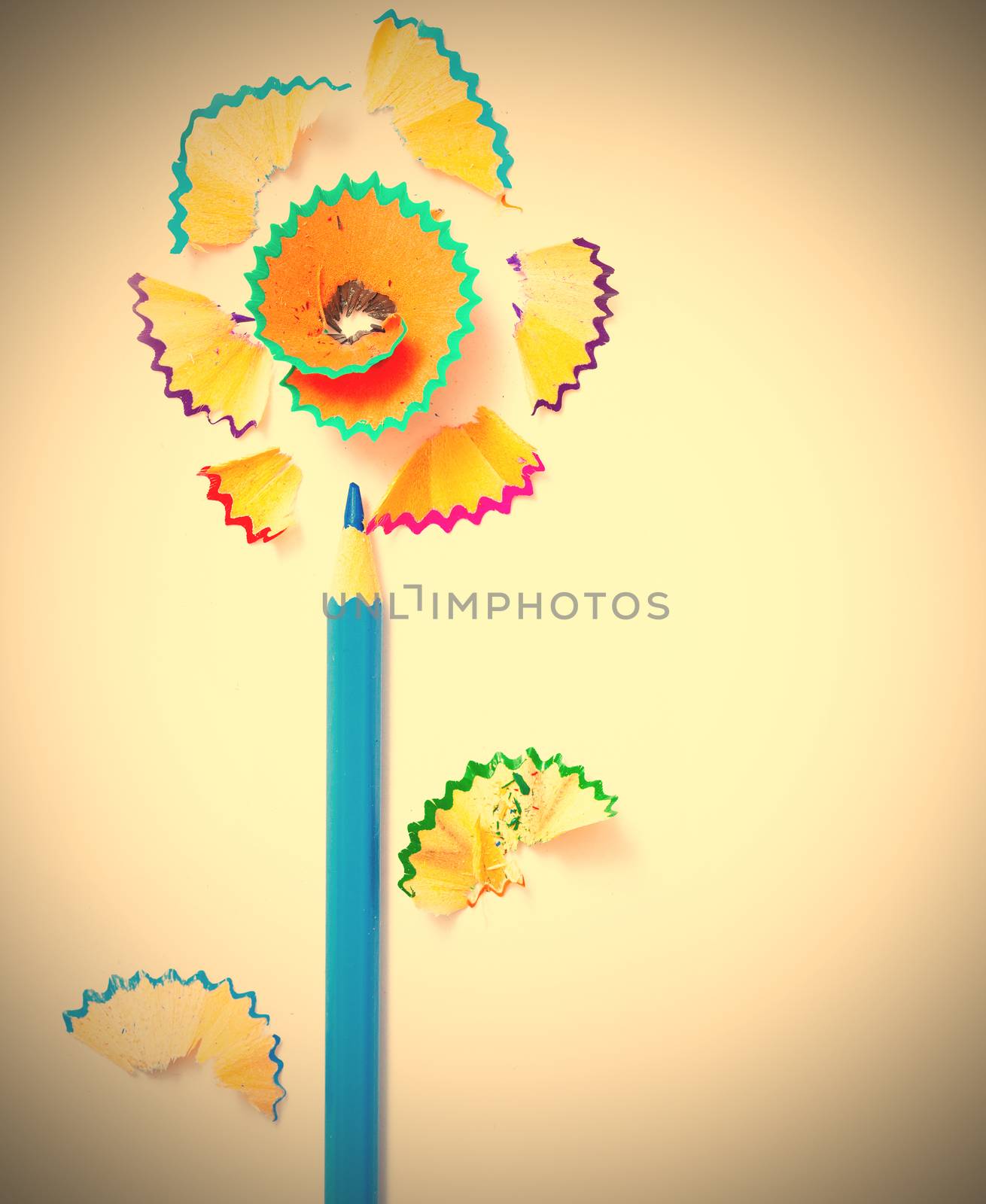 art flower from blue pencil and colored shavings on white background. instagram image retro style