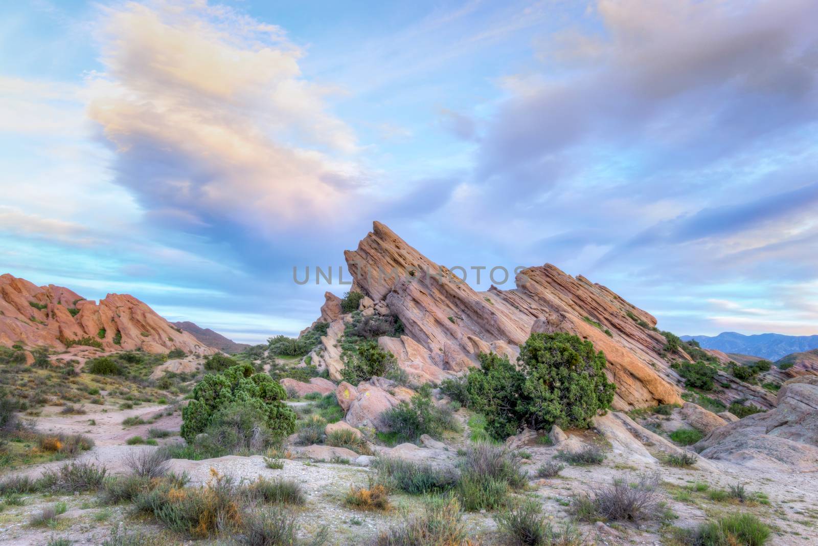 Vasquez Rocks Natural Area Park as the sun sets in Southern California.