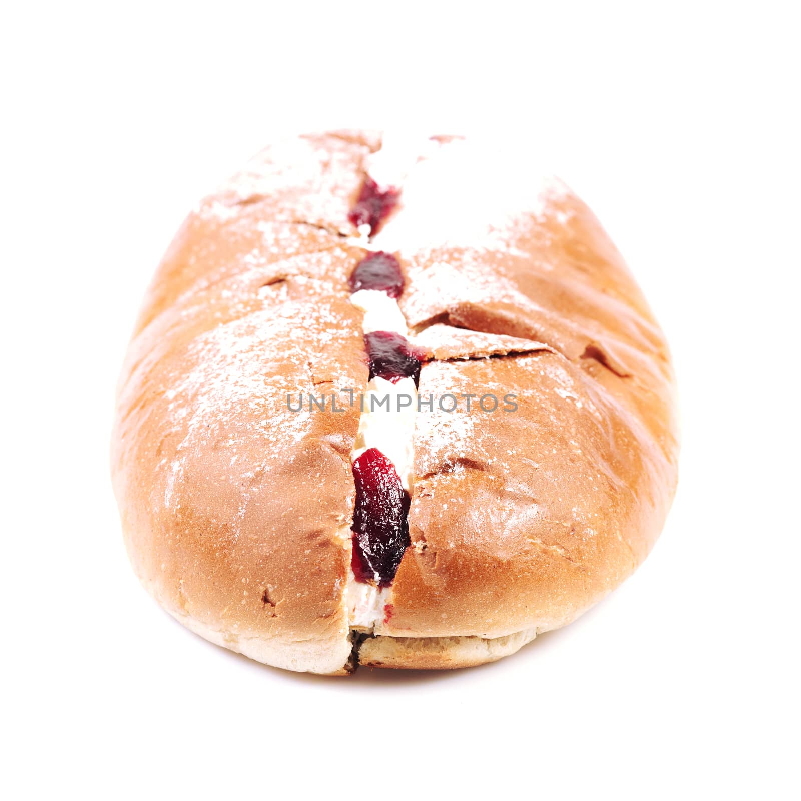 Raspberry jam and cream pastry on a white background