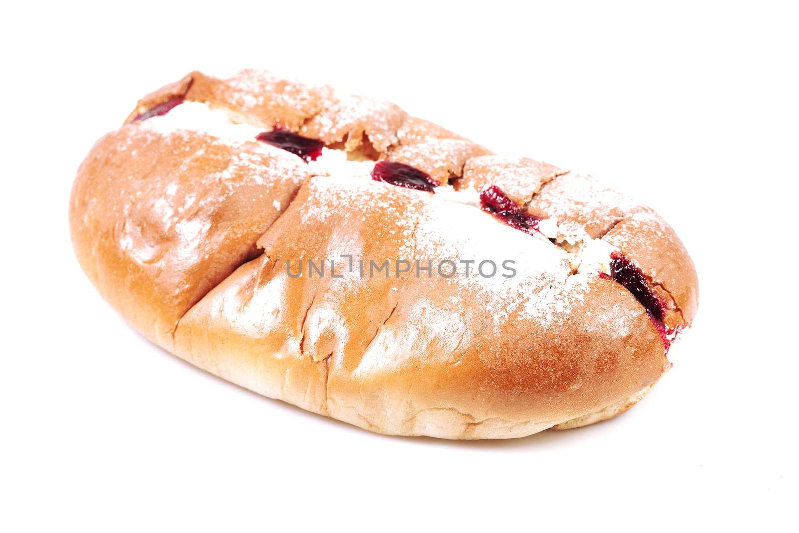 Raspberry jam and cream pastry on a white background