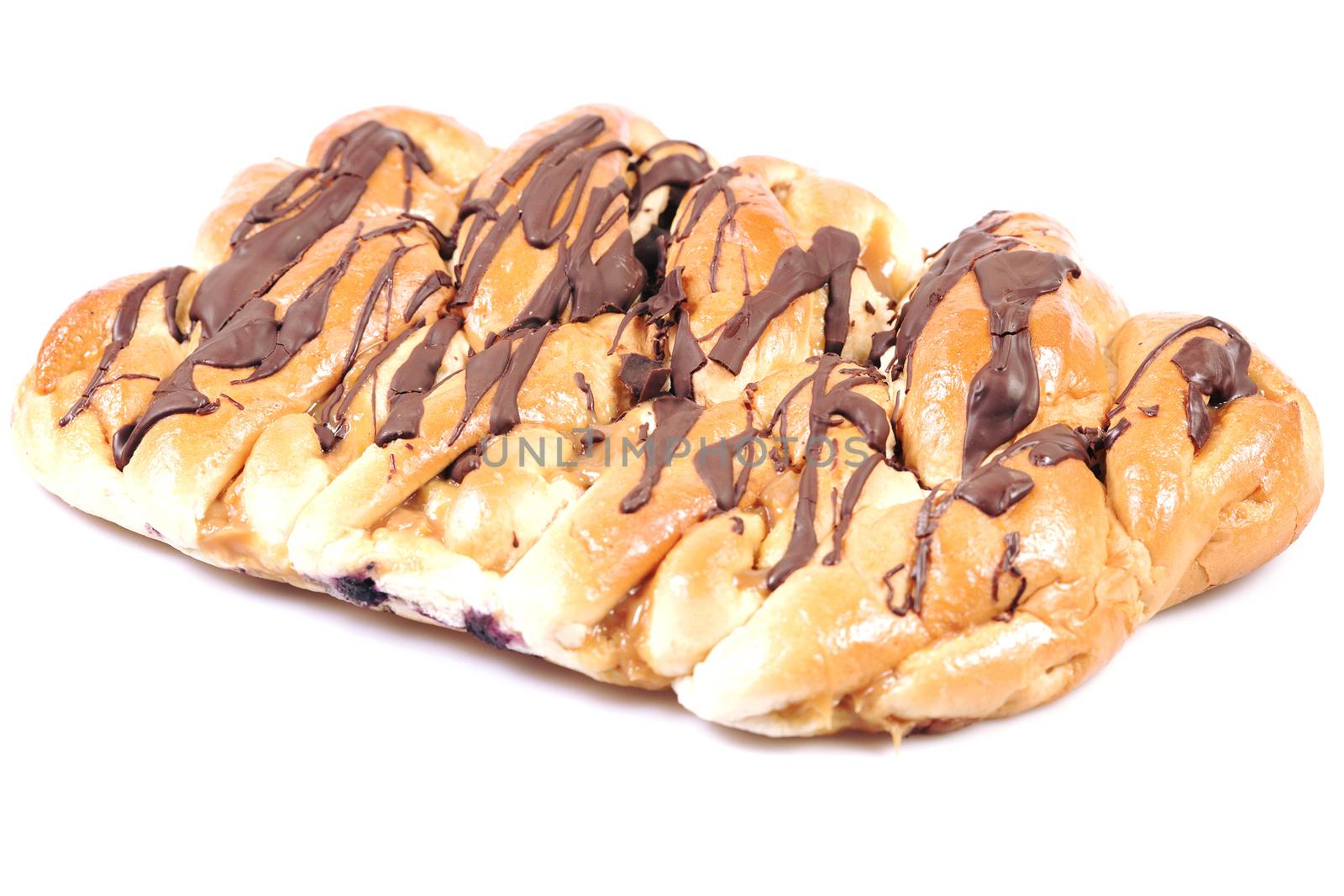 Chocolate and caramel danish pastry on a white background