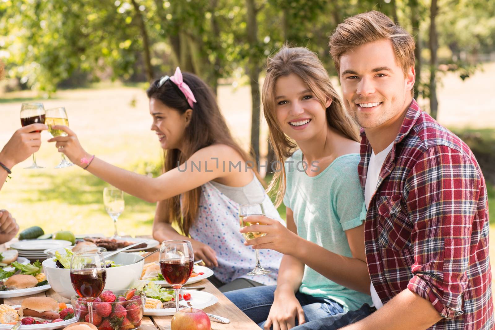 Happy friends in the park having lunch on a sunny day