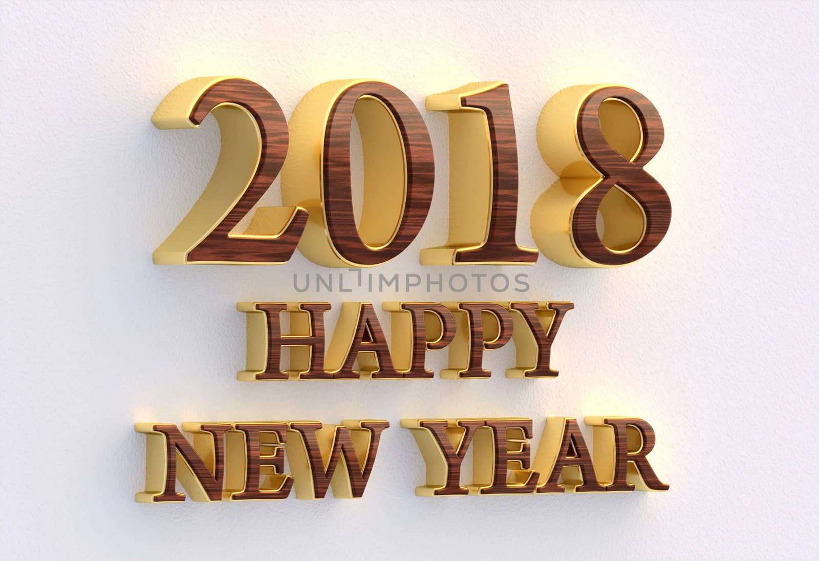 Happy New Year 2018. Gold and wood text - 3D design template on white wall.