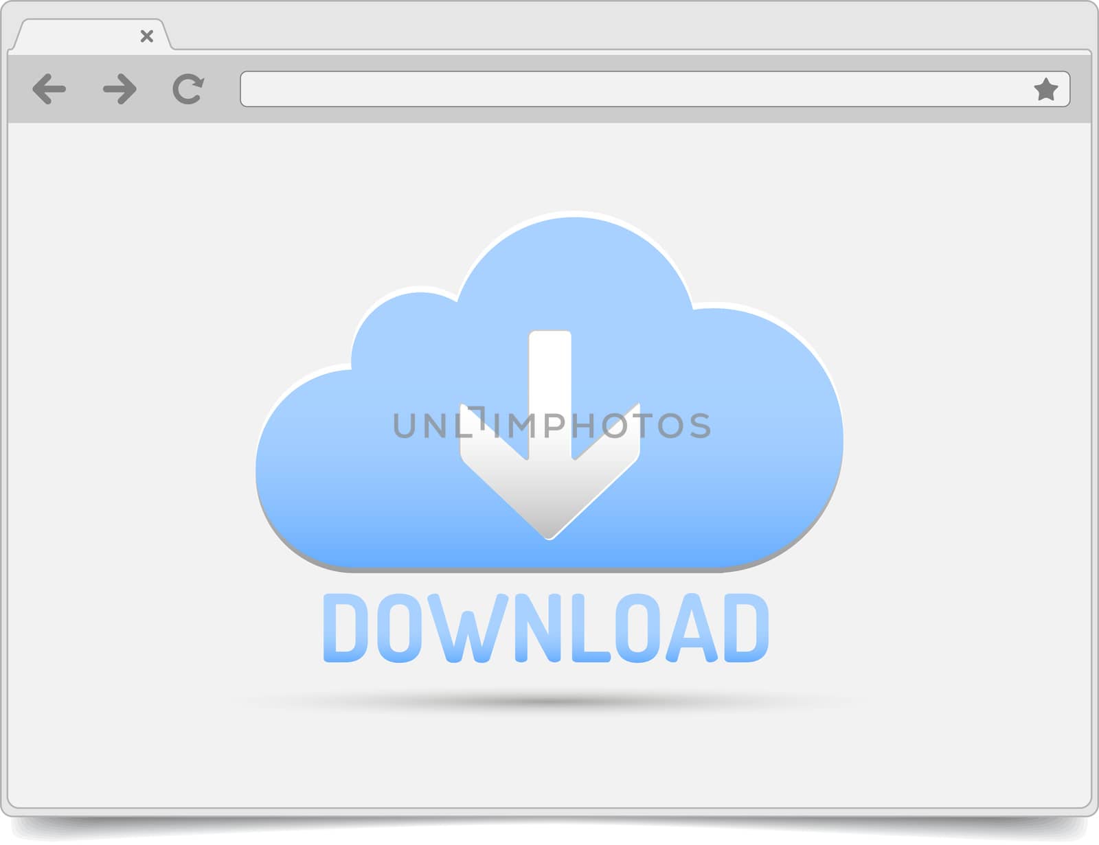 Simple opened browser window on white background with download cloud and shadow. Browser template / mockup.