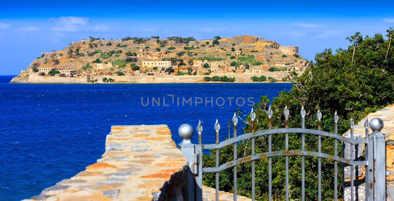 Spinalonga island, Crete, Greece. Island of Spinalonga is located at the eastern section of Crete, in Lasithi prefecture, near the town of Elounda. Mirabello Bay.
