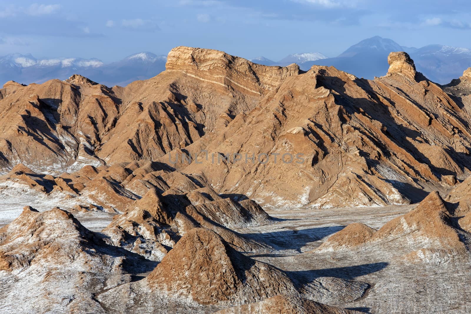 Valley of the Moon (Valle de Luna) in the Atacama Desert in northern Chile. The white areas are deposits of salt.
