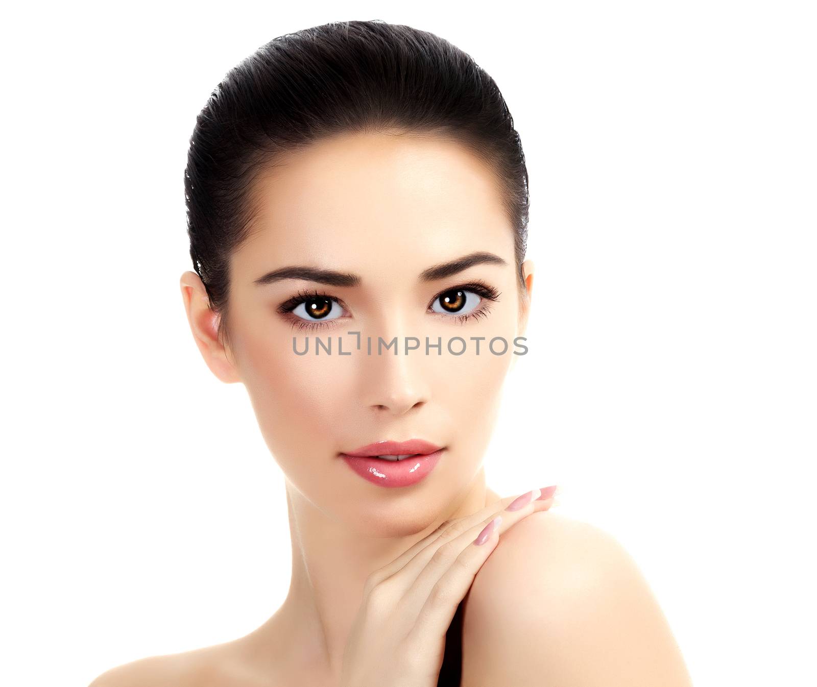 Beautiful face of young adult woman with clean fresh skin by Nobilior