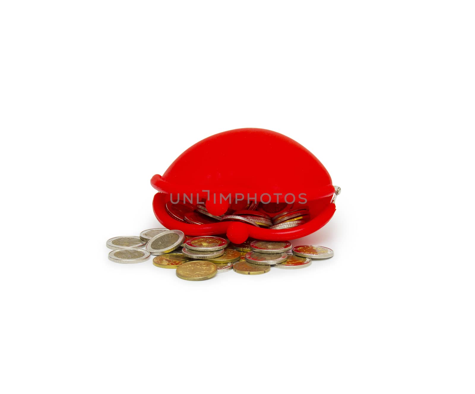 Red purse and coins on white background by cocoo