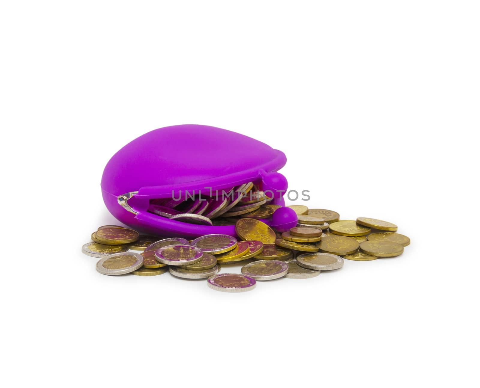 Purse and coins on white background