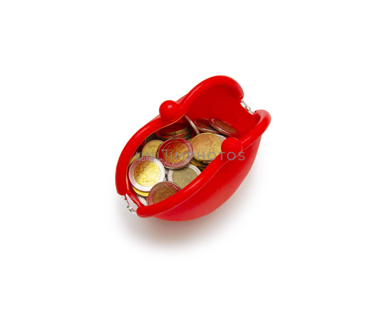 Red purse and coins on white background