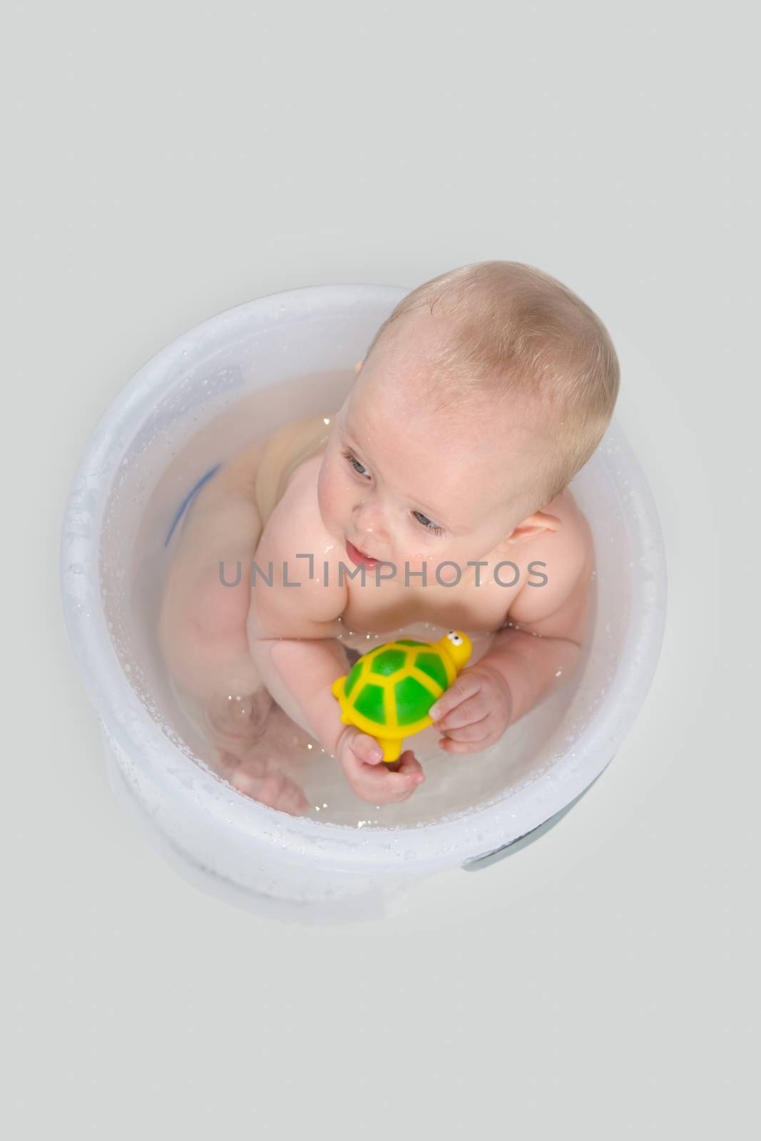 Little girl having a bath in the transparent bathing bucket and playing with rubber turtle.