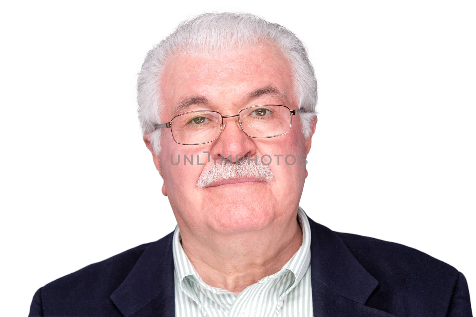 Head and Shoulder Shot of a Serious Senior Man with White Hair Wearing Eyeglasses and Looking at the Camera. Isolated on White Background.