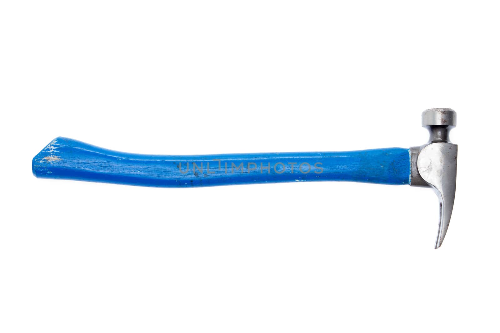 Used metal hammer with a blue handle for DIY, renovation and construction displayed sideways isolated on a white background