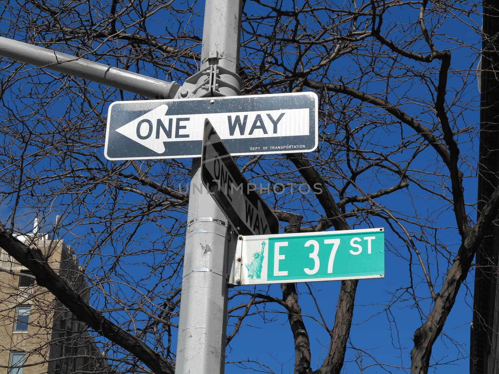 Manhattan background - Street signs on New York City 37th Street.