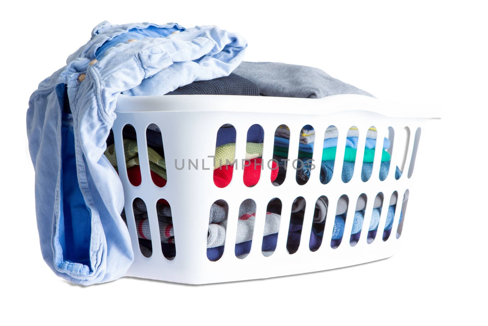 Close up Folded Clean Clothes Piled in Two in a White Plastic Basket, Isolated on White Background.