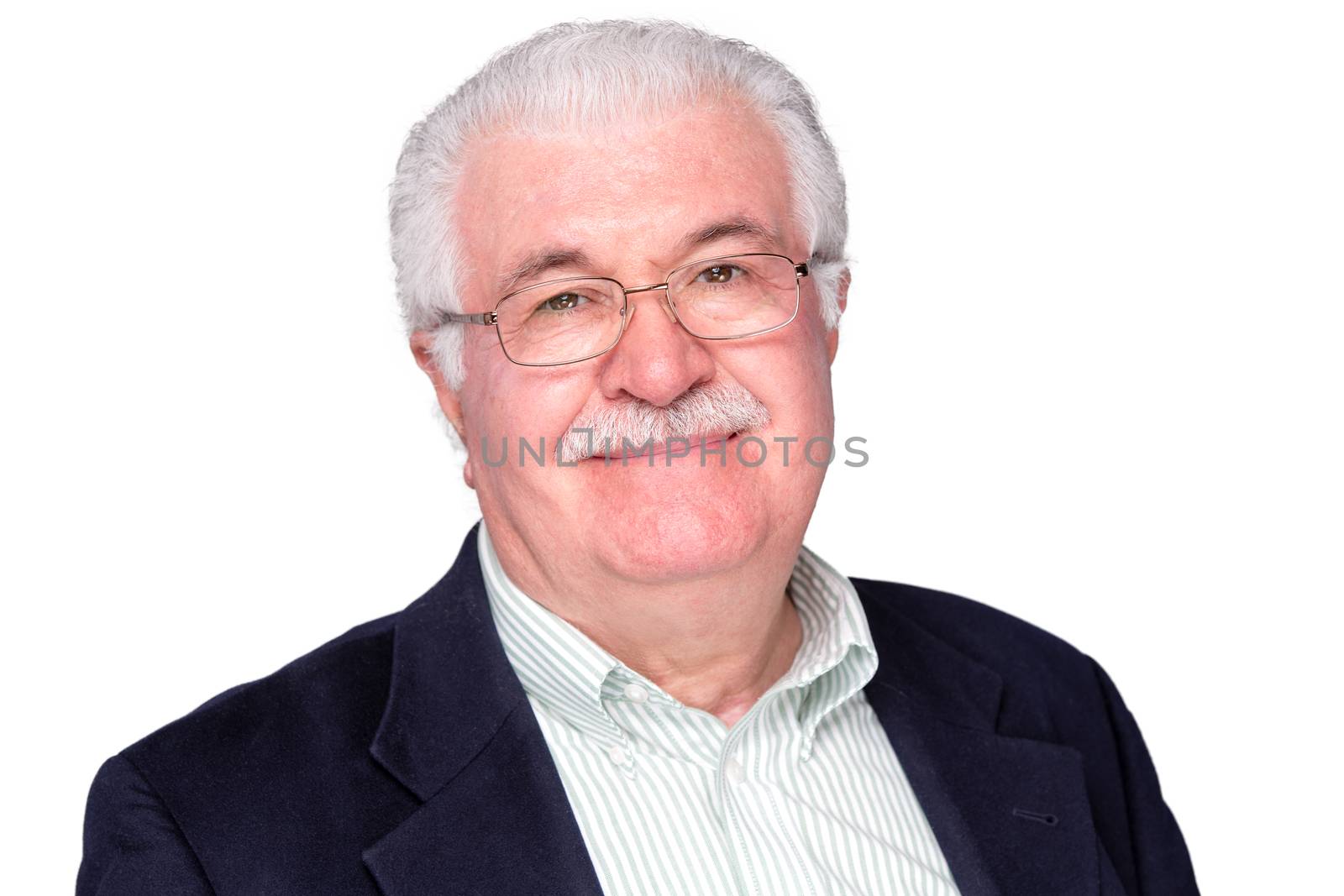 Close up Middle Age Man Wearing Business Suit and Eyeglasses Smiling at the Camera, Isolated on White Background.