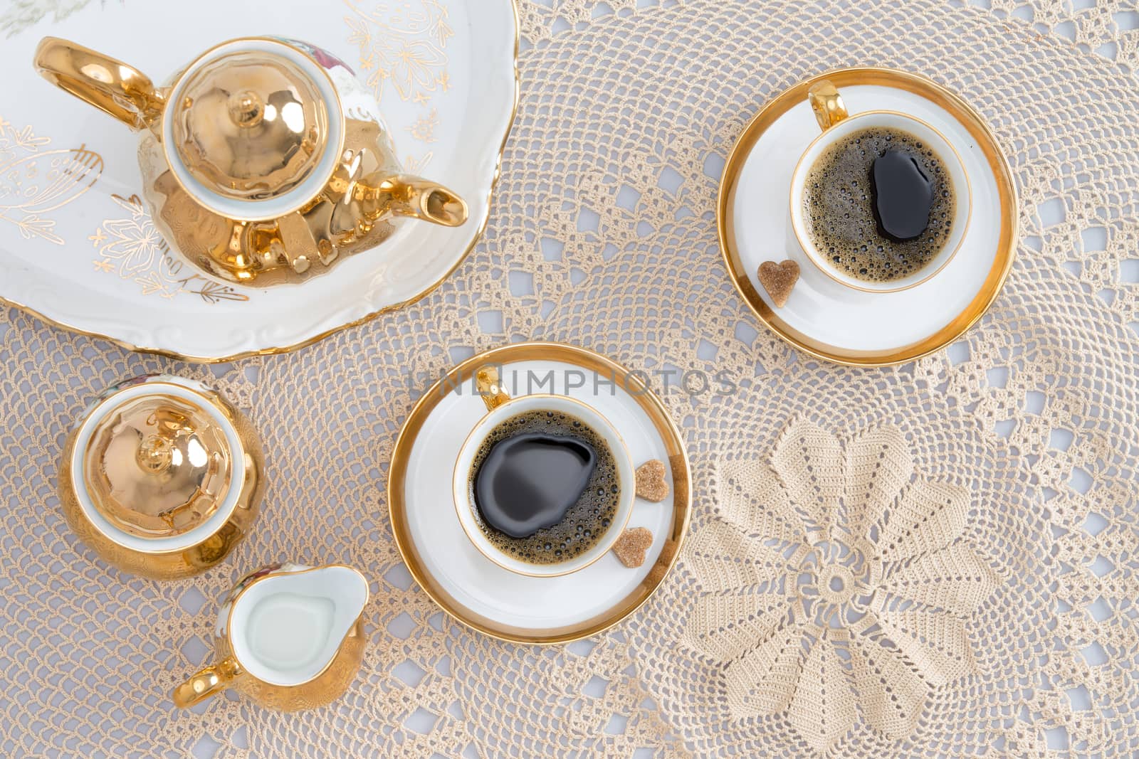 Close up Cups of Turkish Coffee for Two, Good for Conversations, on Elegant White Table. Captured in High Angle View.