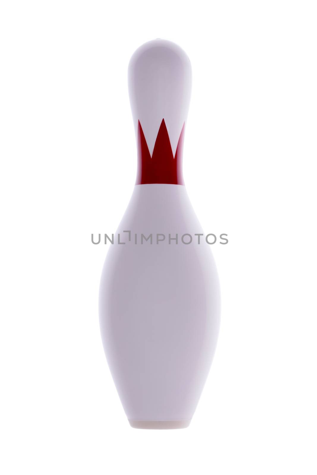 Single isolated bowling pin for playing tenpin bowling in an indoor alley with a colorful red collar on a white background