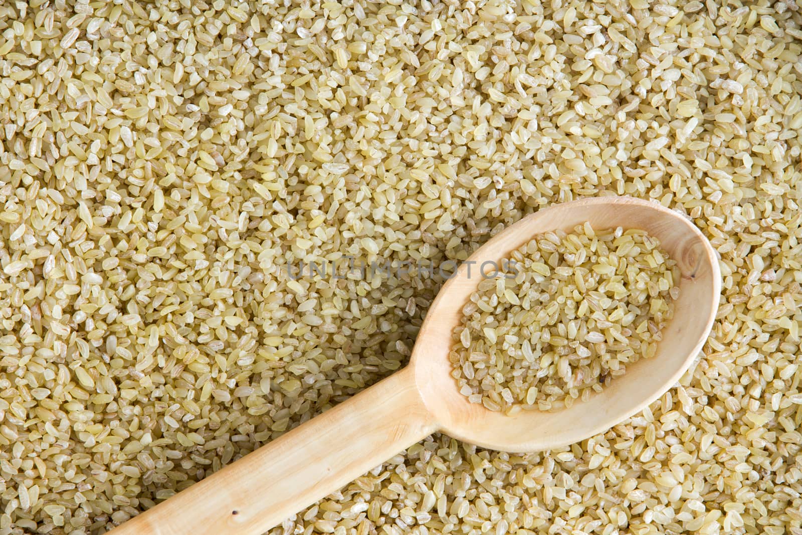 Cracked wheat background texture with an angled wooden spoon full of crushed seeds in a culinary or nutrition concept for carbohydrates and cereals