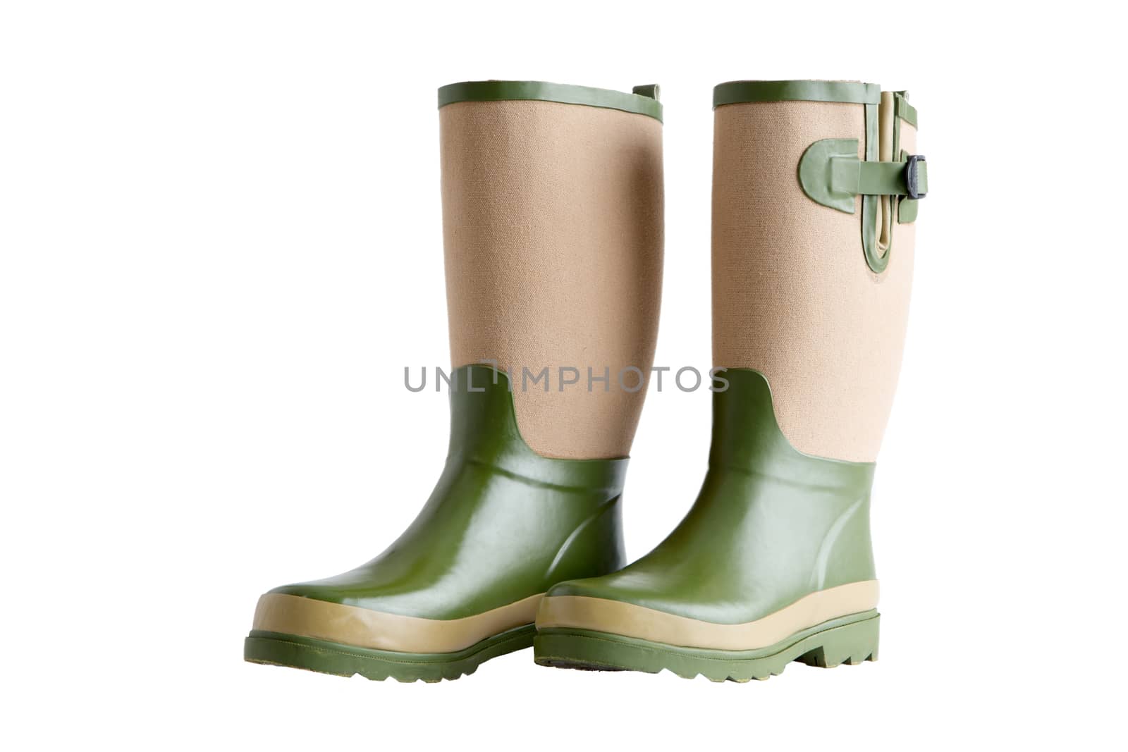 Side view of a pair of stylish garden boots in two-tone green and beige with adjustable gussets standing upright side by side isolated on white