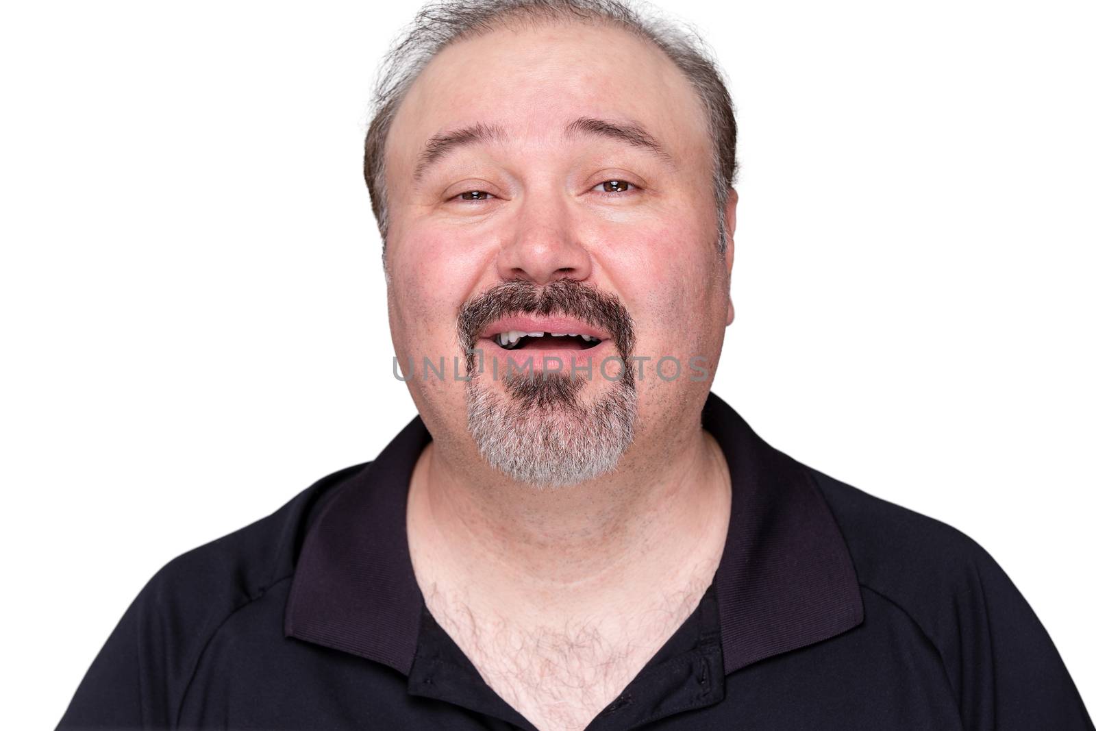 Close up Portrait of a Happy Middle Age Man, Wearing Black Polo Shirt, Looking at the Camera. Isolated on White Background.
