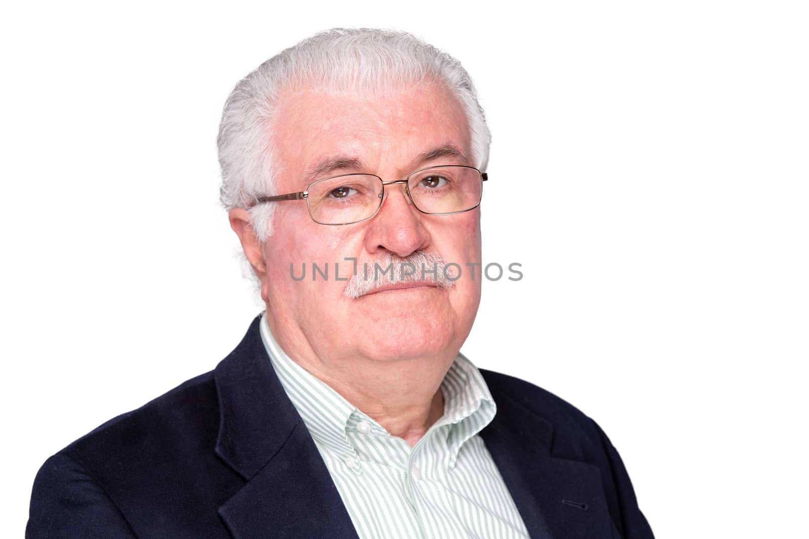 Serious thoughtful grey-haired elderly man wearing glasses looking at the camera , head and shoulders on shit