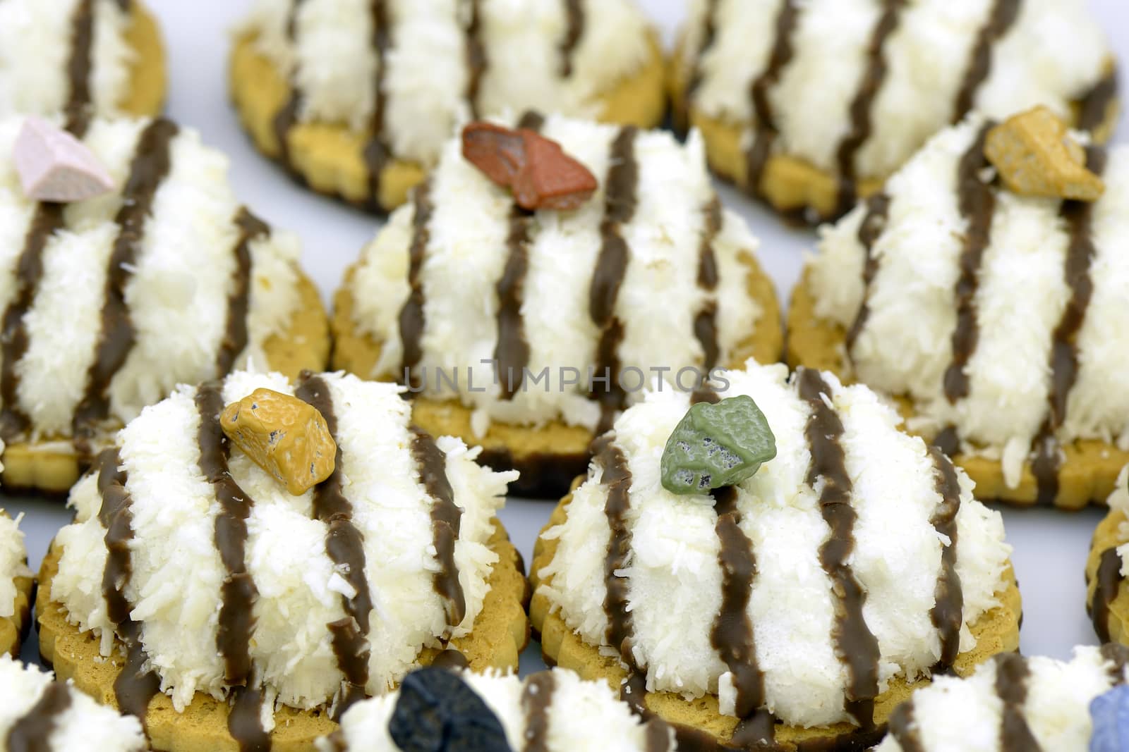Several coconut cookies with chocolate stripes decorated with chocolate pebble
