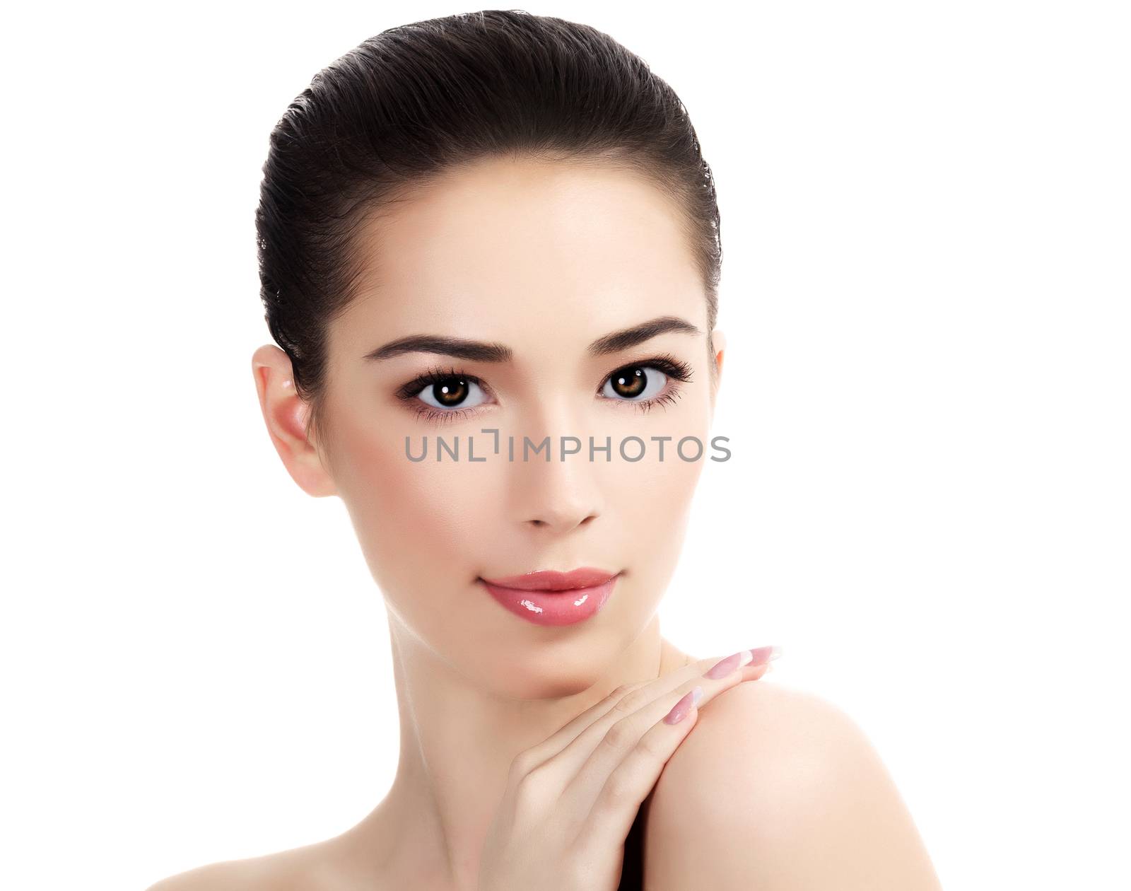Beautiful face of young adult woman with clean fresh skin, white background, isolated, copyspace
