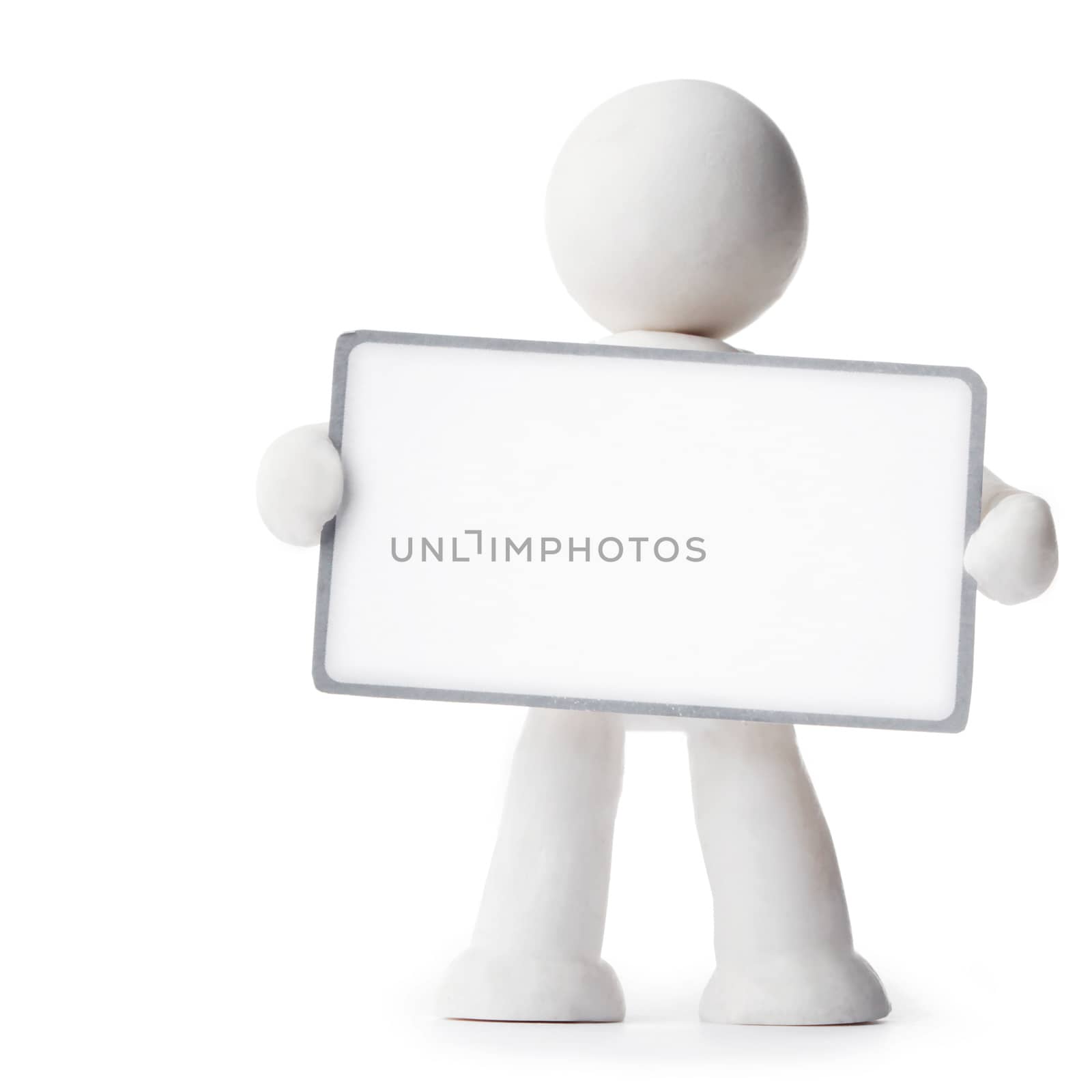 Plasticine man holding sign isolated on white background
