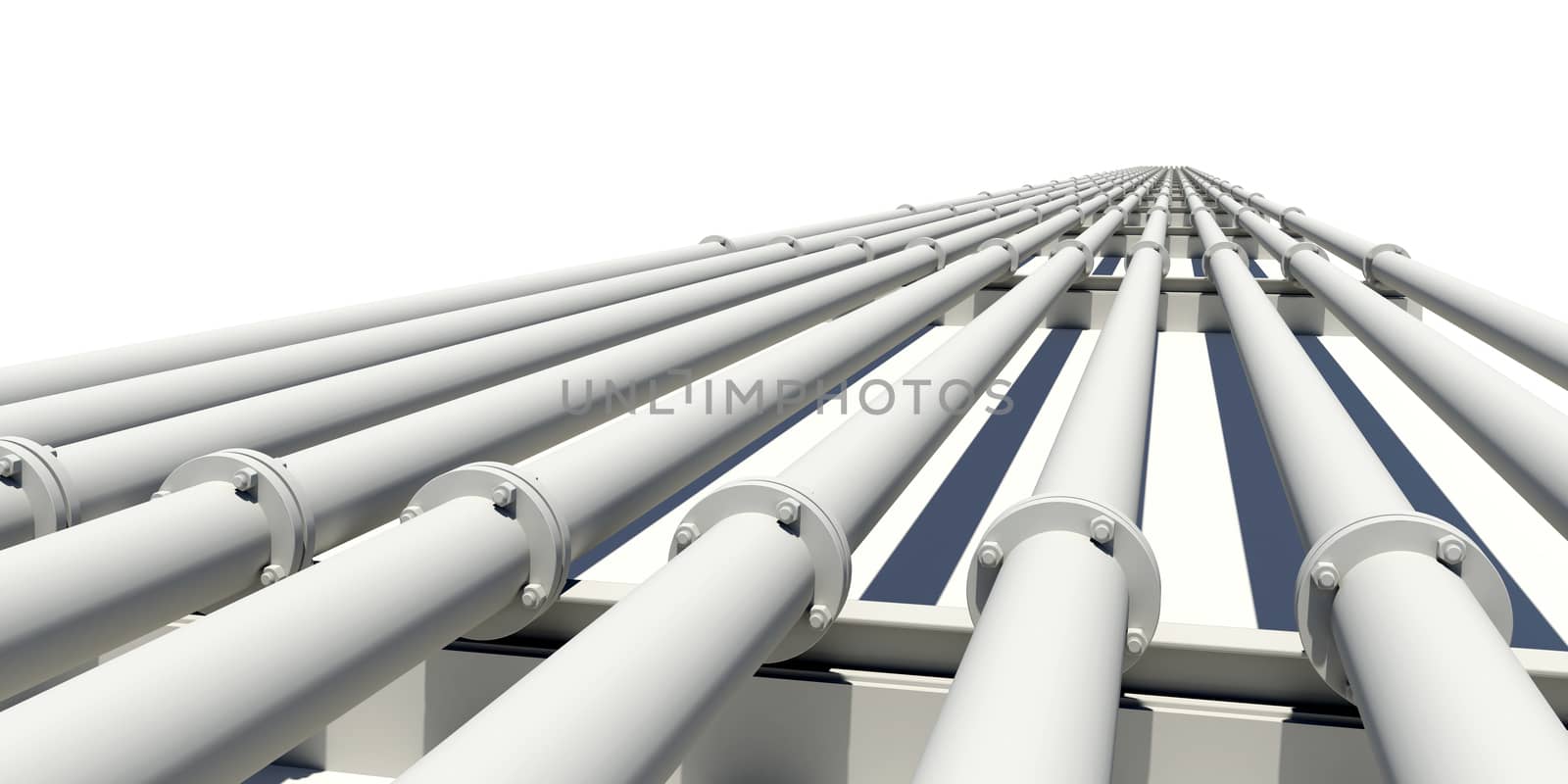 Many white industrial pipes stretching into distance. Isolated on white background. Industrial concept