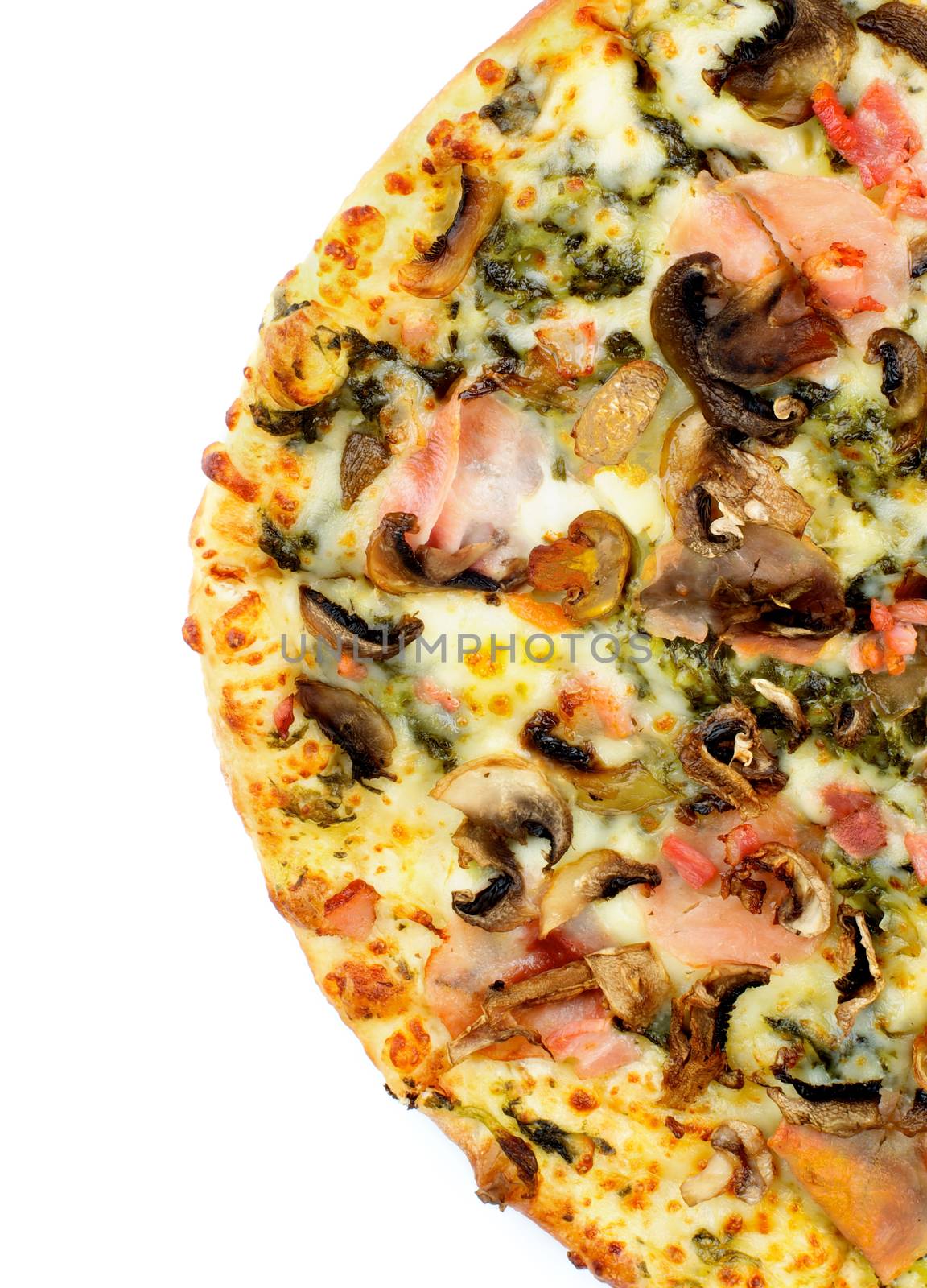 Half of Freshly Baked Pizza with Edible Mushrooms, Broccoli, Bacon and Cheese isolated on White background