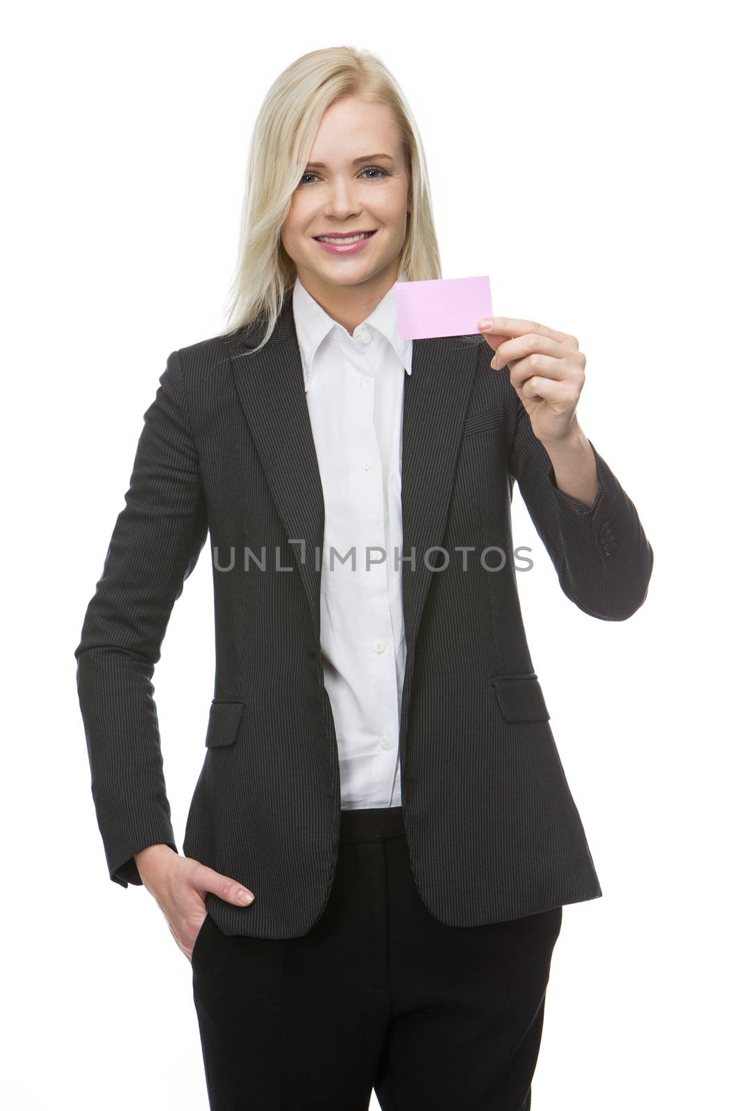 businesswoman with pink card by Flareimage