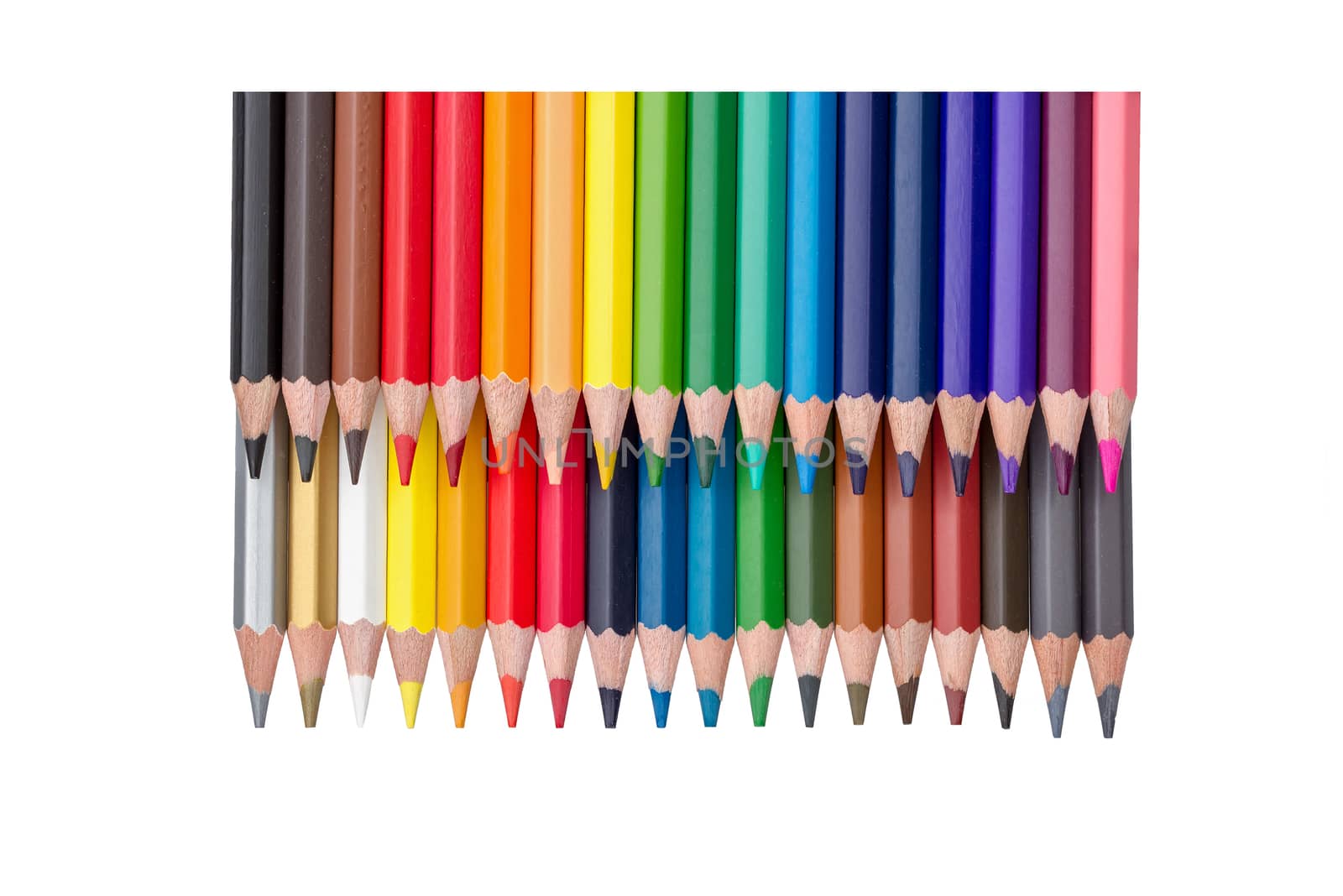 two rows of colored pencils isolated on white background