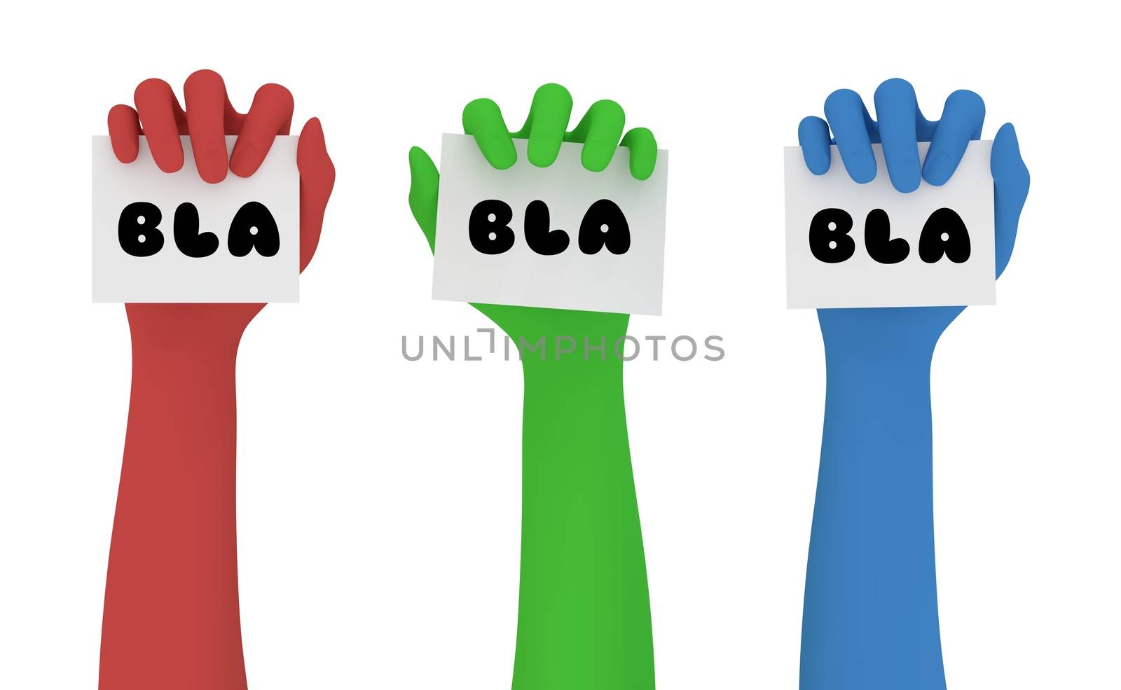 Illustration of red green and blue hands, each holding a note marked with the word "Bla"