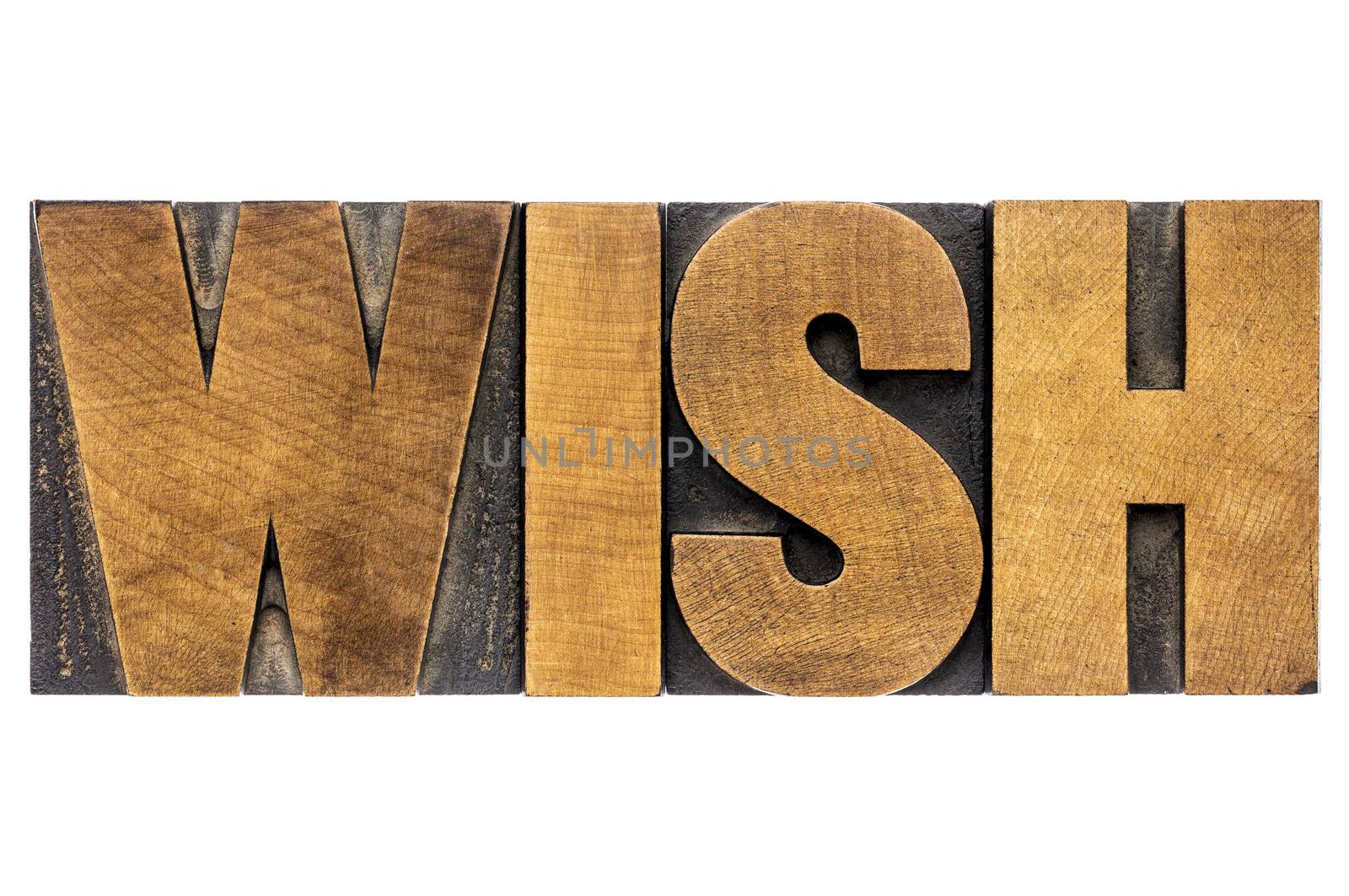 wish word typography - isolated text in letterpress wood type