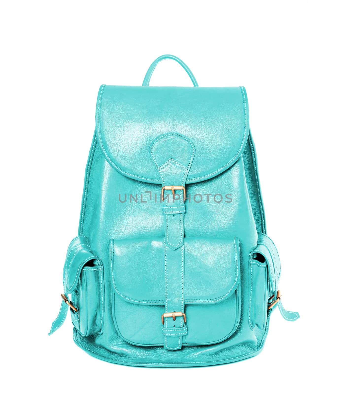 Leather backpack standing isolated on white cyan color by Nanisimova