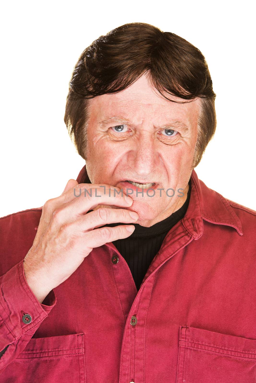 Single isolated perplexed man in red shirt