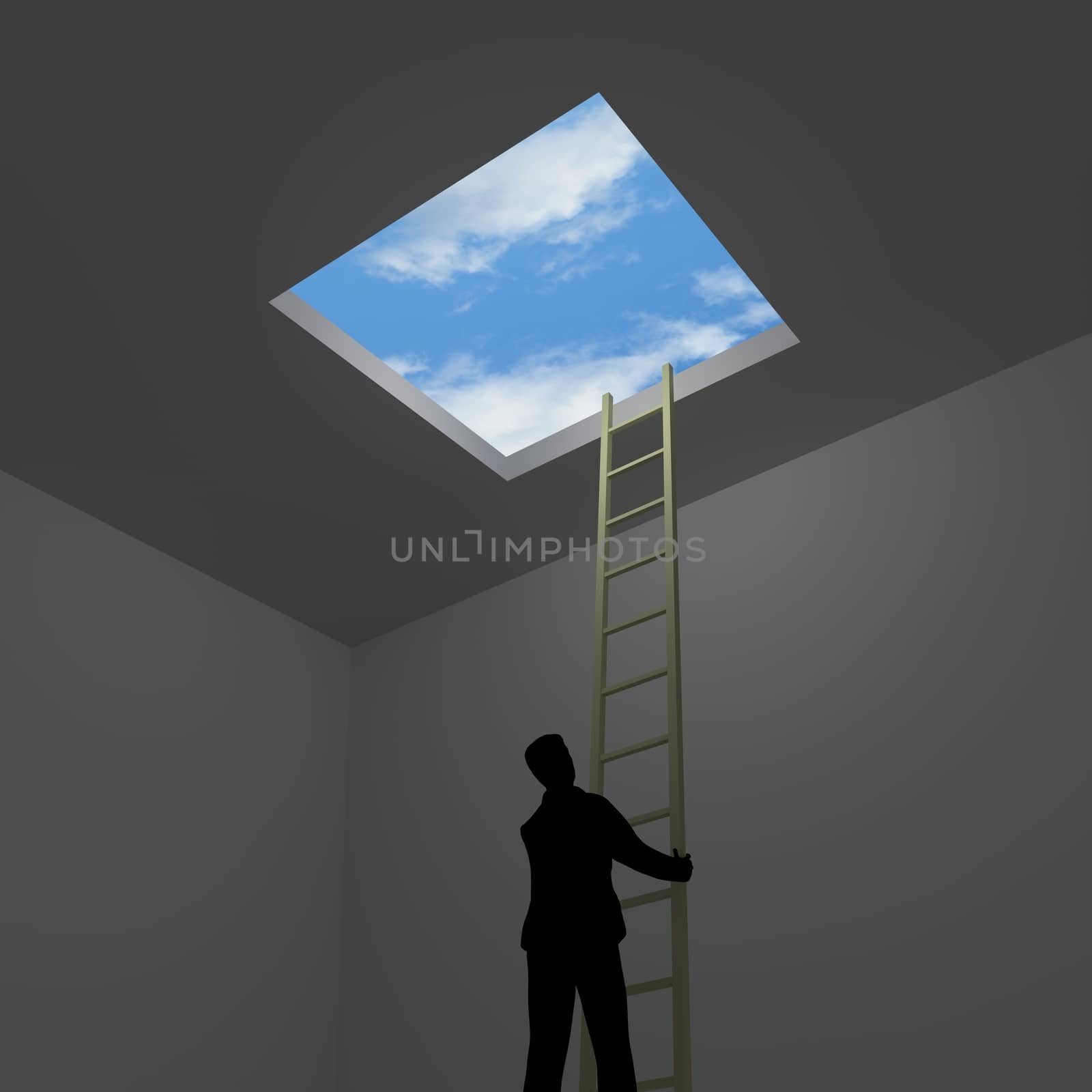Illustration of a man escaping from a room to the outside