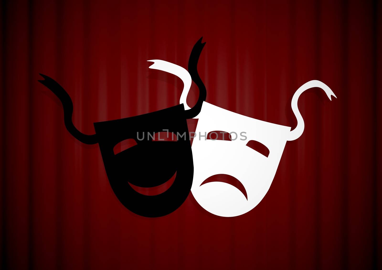 Illustration of two masks in front of a red curtain